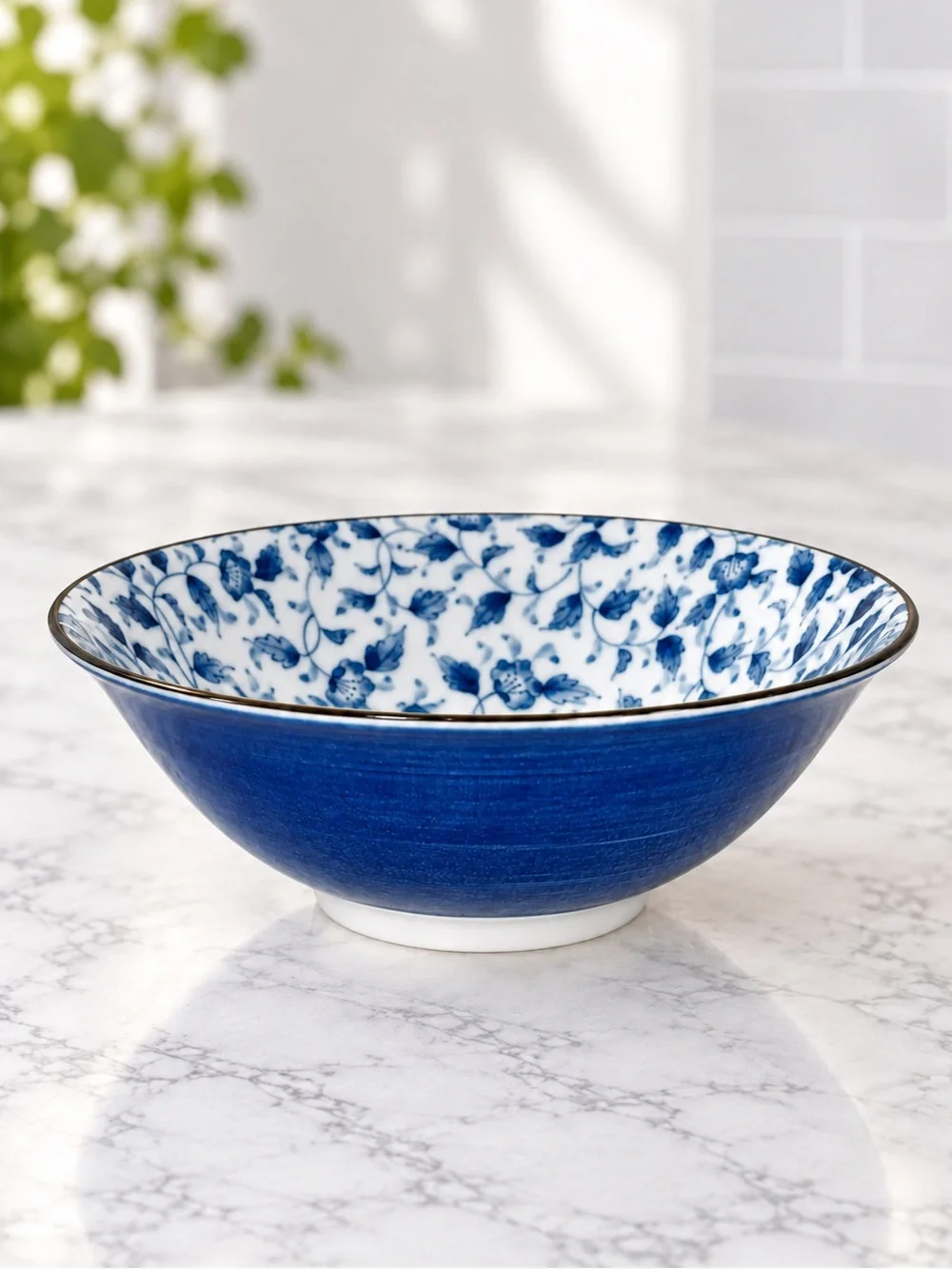 Japanese Cobalt Blue Exterior Blue White Floral Vine Karakusa Serving Bowl 7.5”